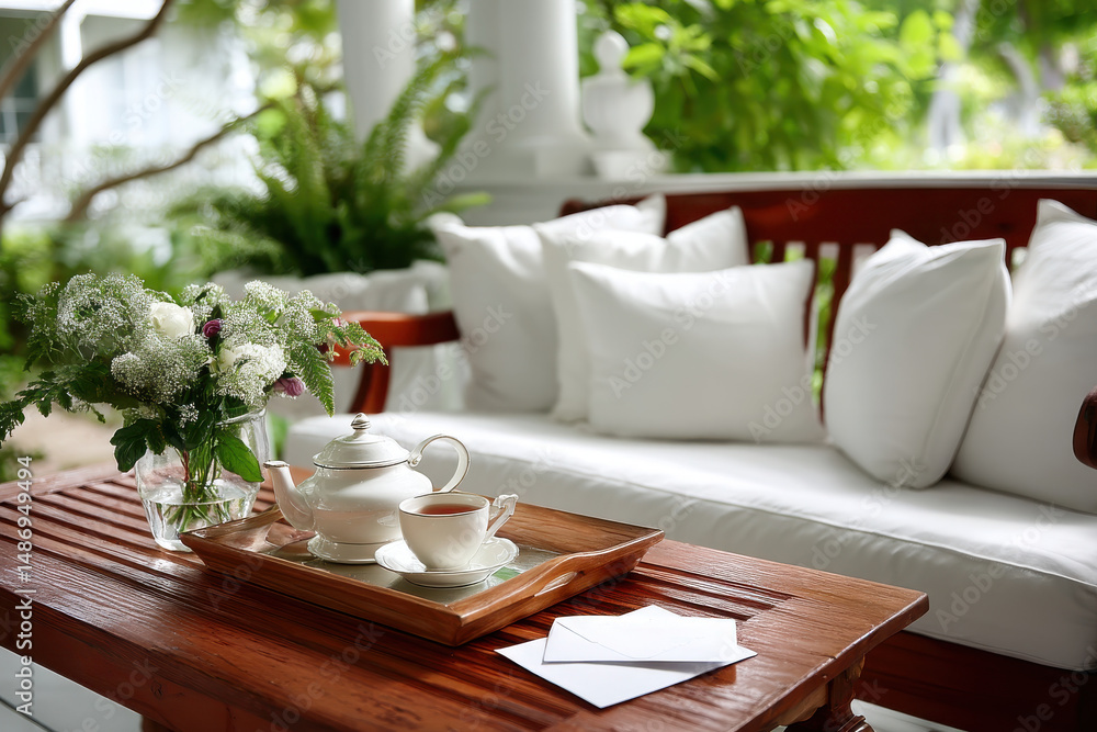 Tea cup teapot wooden tray white sofa flower vase wooden table cozy relaxing outdoor porch cushions fresh flowers green plants Tea cup teapot wooden tray white sofa flower vase wooden table cozy relaxing outdoor porch cushions fresh flowers green plants