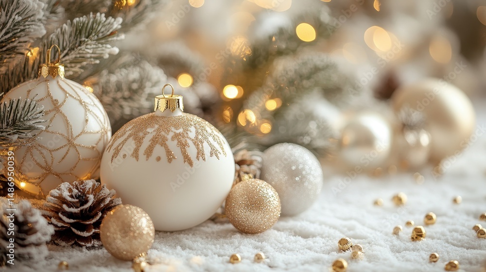 Fototapeta premium White and Gold Christmas Ornaments with Pine and Festive Lights