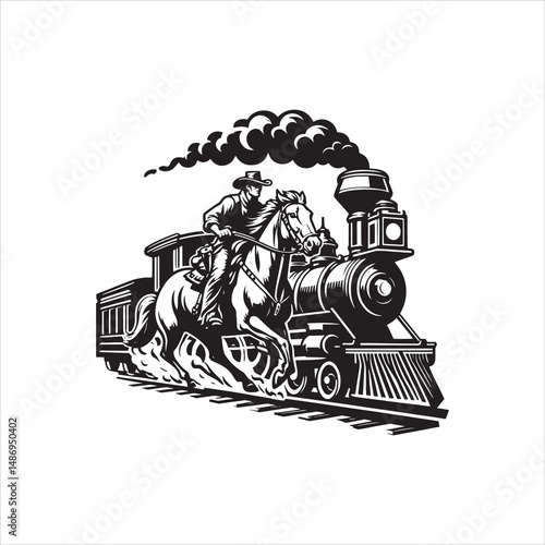 Cowboy on Horse Chasing Train with Western Saloon – Black and White Line Art

