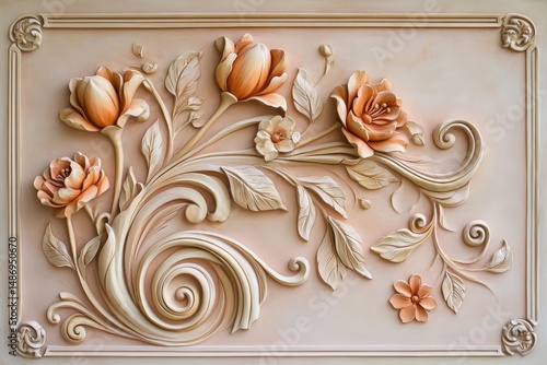 Ornate floral relief carving in pastel tones.