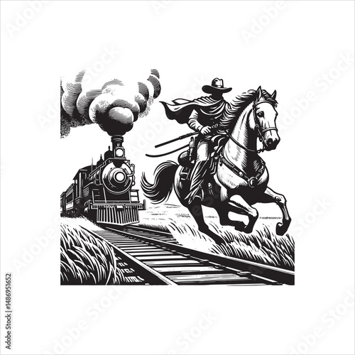 Cowboy on Horse Chasing Train with Western Saloon – Black and White Line Art


