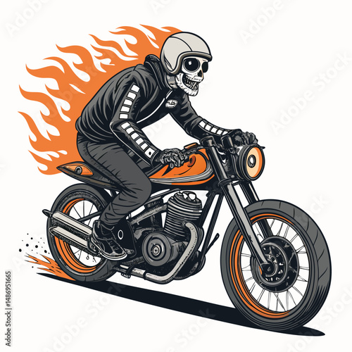Render a terrifying headless biker monster, its motorcycle spewing vibrant flames from the exhaust, set against a dark, gritty urban backdrop.