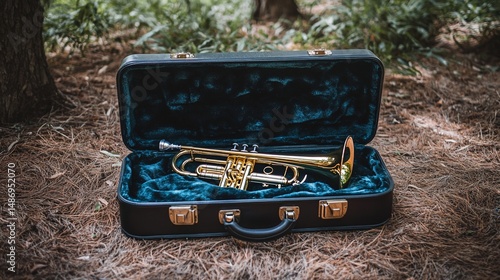 Golden Trumpet in its Case Resting on Forest Floor
