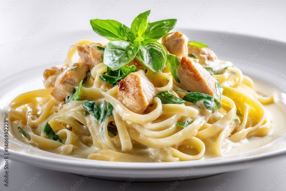 Creamy pasta dish with chicken and spinach. Creamy pasta dish with chicken and spinach.