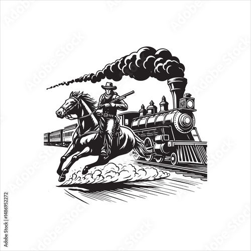 Cowboy on Horse Chasing Train with Western Saloon – Black and White Line Art

