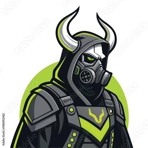 A terrifying horned reaper, clad in futuristic cybernetic armor and a gas mask, wielding a scythe.  High detail, dark fantasy art.
