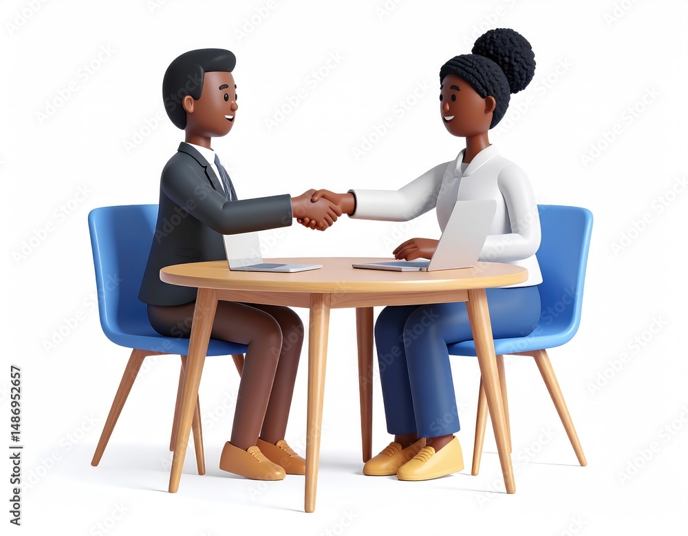 Obraz premium Smiling Businesspeople Handshake: Modern 3D Cartoon Illustration
