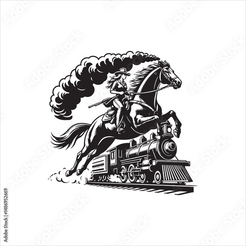 Cowboy on Horse Chasing Train with Western Saloon – Black and White Line Art

