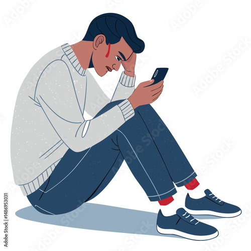 A close-up shot of a man silently weeping, tears streaming down his face, while intensely staring at his smartphone screen.  His expression is one of profound sadness and despair.