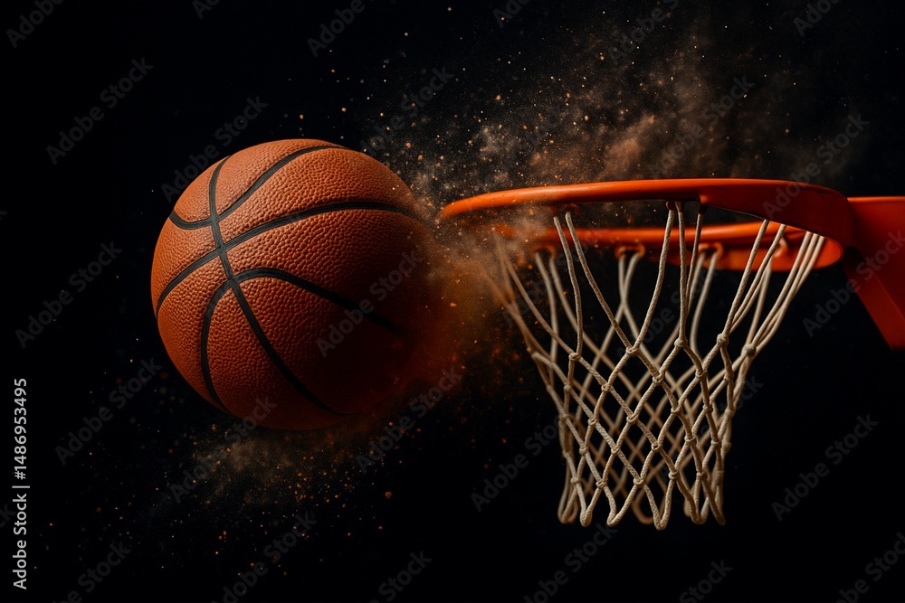 A basketball flying toward the hoop with dynamic dust effect, captured in dramatic slow-motion style. A basketball flying toward the hoop with dynamic dust effect, captured in dramatic slow-motion style.