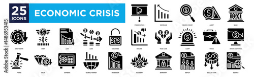 economic crisic icon collection set. Containing design presentation, decrease, Search Money, Alert, Bank,