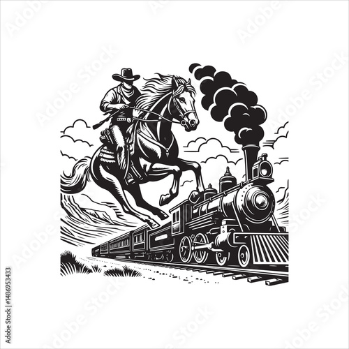 Cowboy on Horse Chasing Train with Western Saloon – Black and White Line Art

