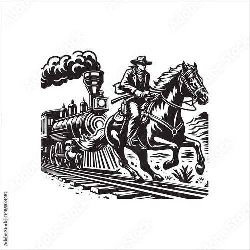 Cowboy on Horse Chasing Train with Western Saloon – Black and White Line Art

