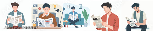 vector of young man reading newspaper