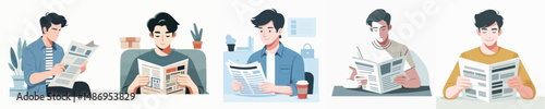 vector of young man reading newspaper