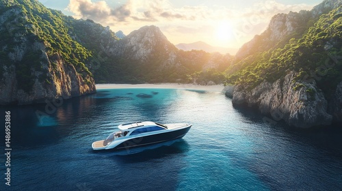 Luxury Yacht in Secluded Cove at Sunset