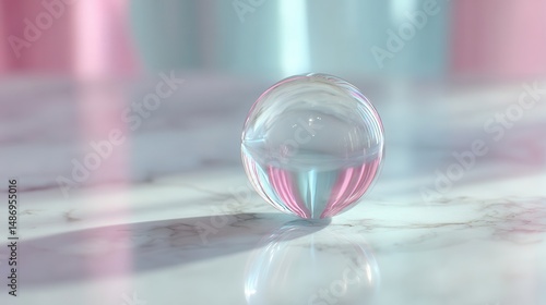 Clear sphere resting on a marbled surface.
