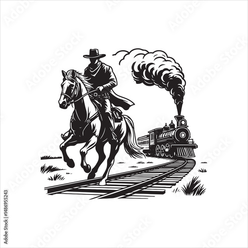 Cowboy on Horse Chasing Train with Western Saloon – Black and White Line Art

