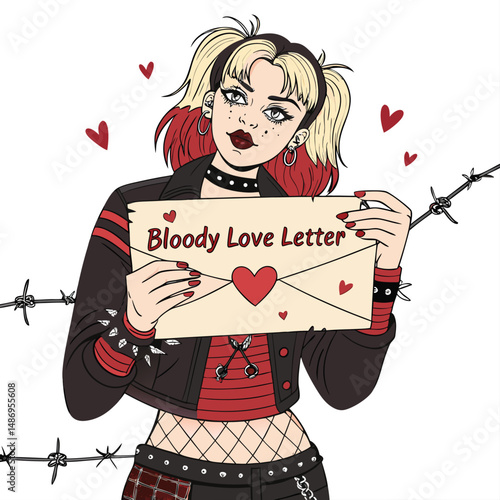 A rebellious punk girl, fierce expression, holding a blood-stained love letter impaled by a nail.  Dark, gritty aesthetic.