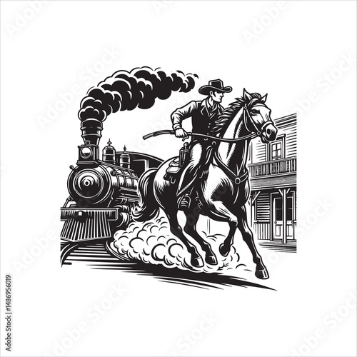 Cowboy on Horse Chasing Train with Western Saloon – Black and White Line Art

