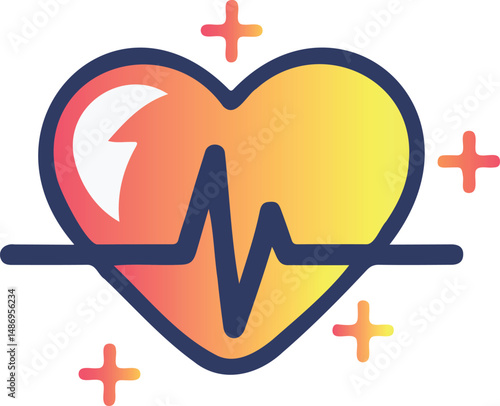 Colorful heart with heartbeat and plus signs. Health vector icon.