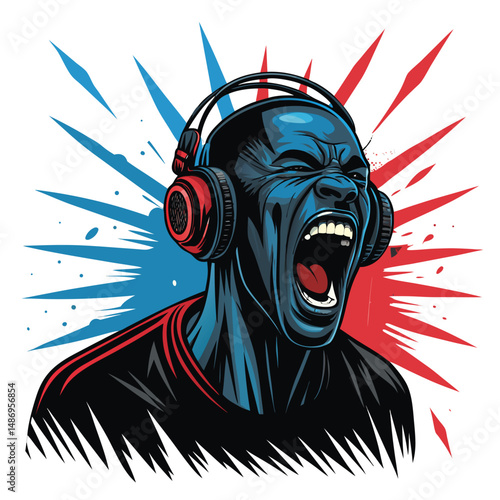 A demonic figure screams, headphones on, amidst vibrant graffiti-covered urban backdrop.  Fierce expression, detailed headphones, chaotic graffiti.