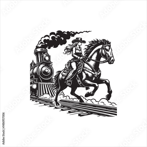 Cowboy on Horse Chasing Train with Western Saloon – Black and White Line Art

