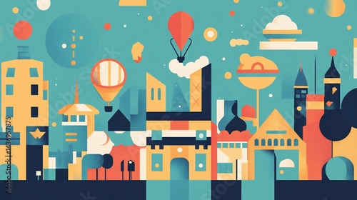Wallpaper Mural Colorful Abstract Cityscape Illustration with Balloons and Architectural Elements Torontodigital.ca