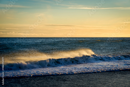Wonderful Reynisfjara black sand beach at sunseet time, Vik, Iceland
