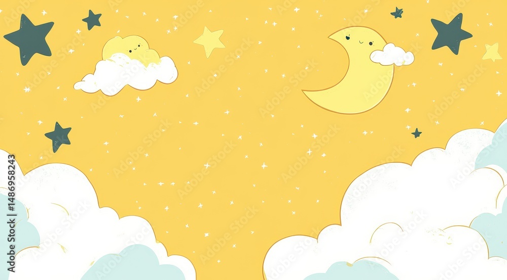 Cute moon, sun, stars, and clouds on a yellow night sky Cute moon, sun, stars, and clouds on a yellow night sky