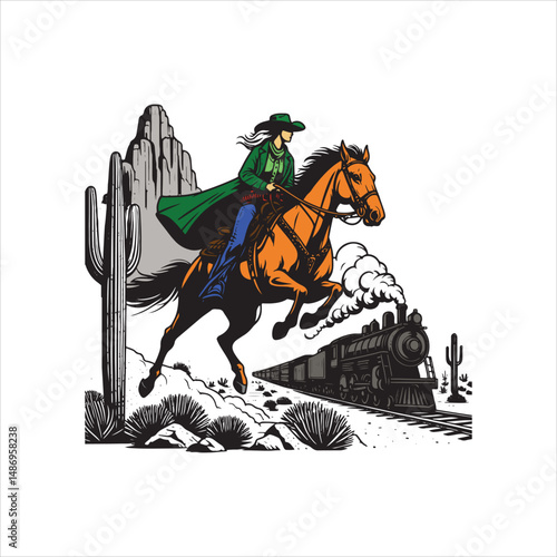 Cowboy on Horse Chasing Train with Western Saloon – Black and White Line Art

