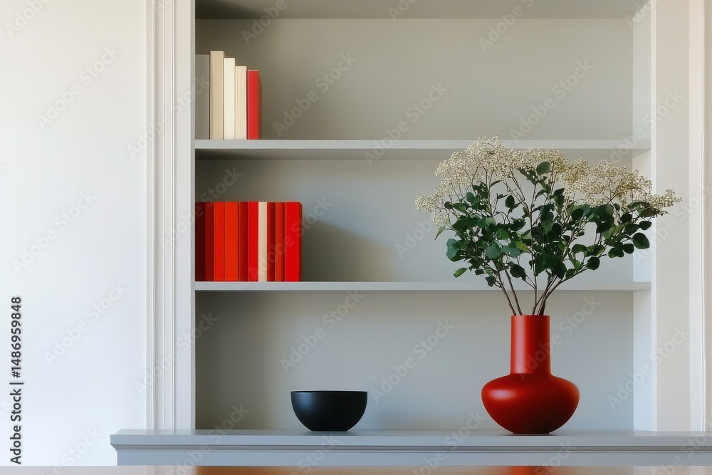 Fototapeta premium Red vase with white flowers on a minimalist shelf. Red books and clean white cabinetry in balanced composition. Calm organization and modern focus. Ideal for home decor, branding