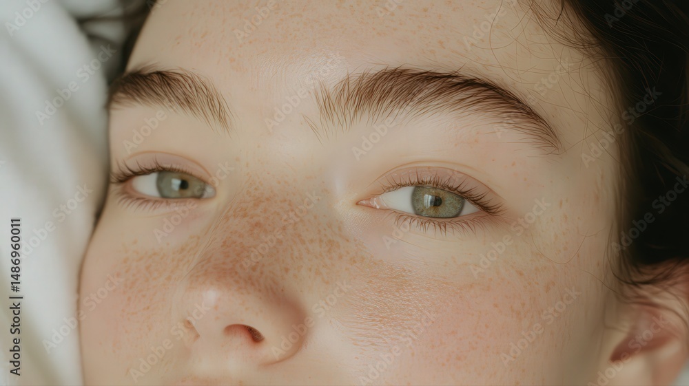 Obraz premium A Serene Close-Up of a Woman's Face Showcasing Perfect Symmetry and Beautiful Freckles