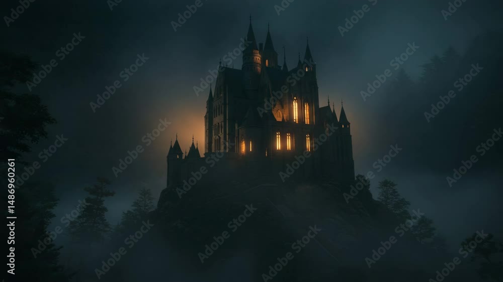 Majestic glowing a misty night, a mysterious landscape with fog rolling over the hillseamless looping 4k time-lapse virtual video animation background, A gothic castle on a hill, a dark forest, 4k vi Majestic glowing a misty night, a mysterious landscape with fog rolling over the hillseamless looping 4k time-lapse virtual video animation background, A gothic castle on a hill, a dark forest, 4k vi