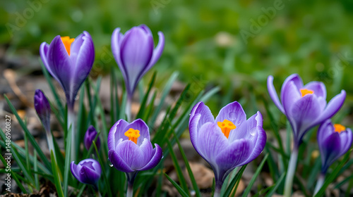 a bed of violet crocuses in winter, buds of a crocus with drops of water, raindrops on violet flowers, harbinger of spring, early bloomer, harbinger of spring, green background, still closed flower