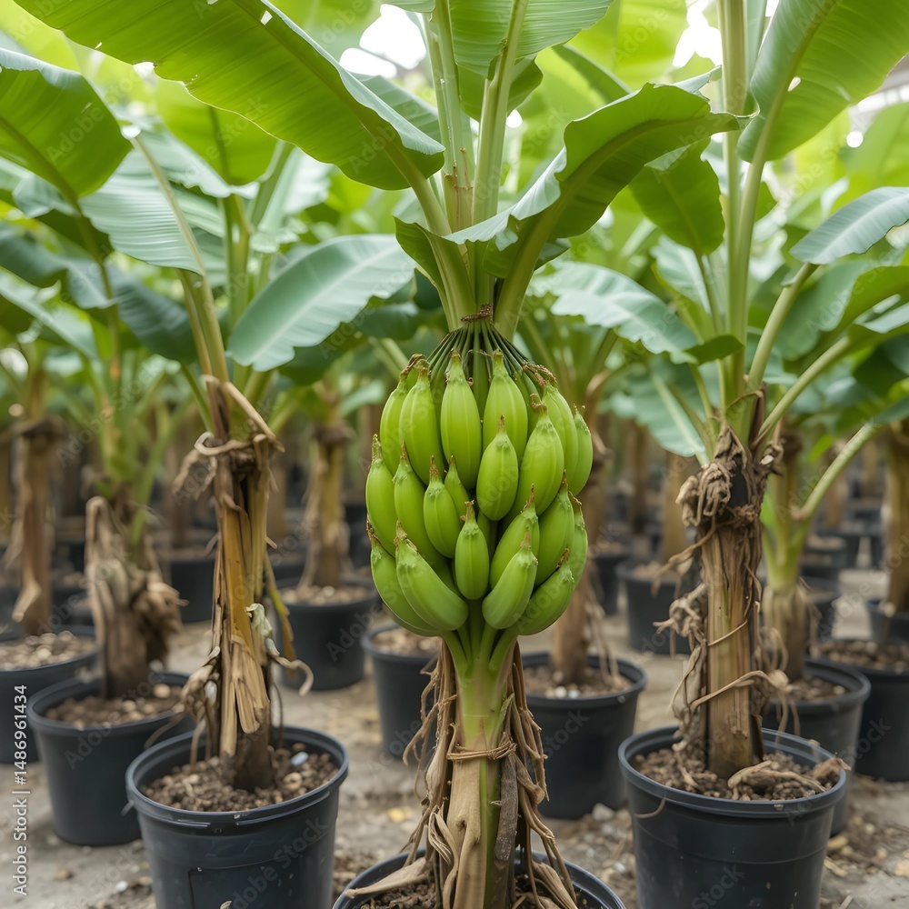 Obraz premium Banana trees that are still in the nursery stage in pots