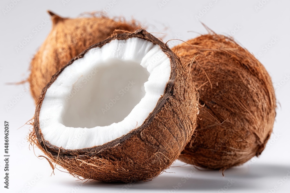 Close-up view of two whole and one halved coconuts. Close-up view of two whole and one halved coconuts.
