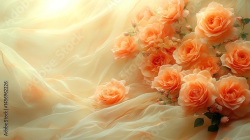 Peach Roses on Soft Fabric: A Delicate Floral Arrangement