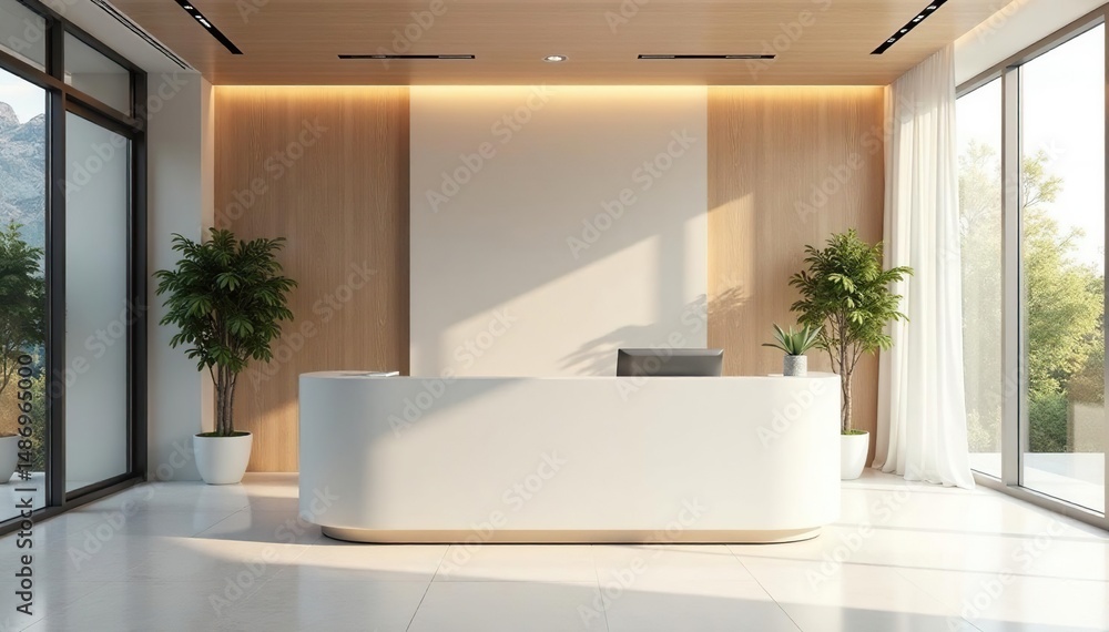 Modern minimalist reception desk in a bright office , interior, furniture design, interior design Modern minimalist reception desk in a bright office , interior, furniture design, interior design