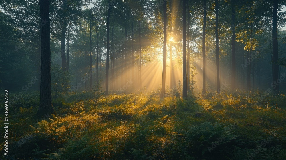 Naklejka premium Sunbeams pierce a misty forest floor