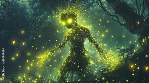 Enigmatic forest spirit glowing amidst bioluminescent flora, a nature's envoy
