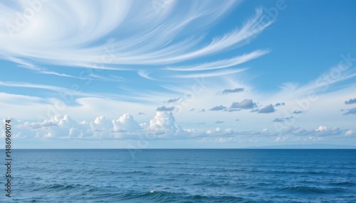 midday sea view under a uniform blanket of smooth stratocumulus clouds. the scene is shot with clean horizontal symmetry, emphasizing the peaceful stillness of both sky and sea