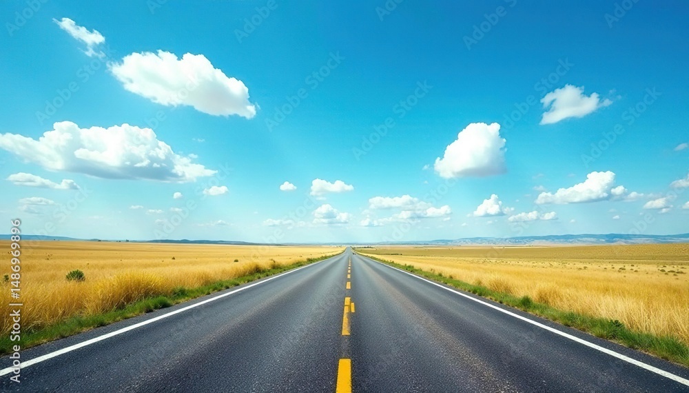 Fototapeta premium Open road stretching to horizon, vibrant blue sky, asphalt, destination