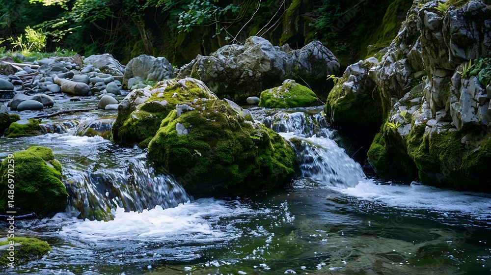 Fototapeta premium Crystal Clear Water Flowing Over Moss Covered Rocks In Lush Green Forest