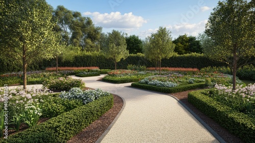 Serene Garden Landscape Design: A Picturesque Pathway Through Blooming Flowers and Lush Greenery