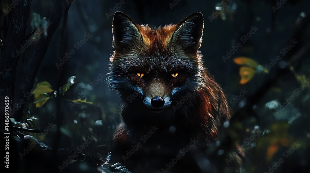 Fototapeta premium Fox portrait in dark forest