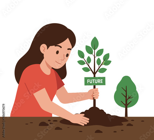 Woman Planting Future Tree in Soil Environmental Care Illustration Vector 