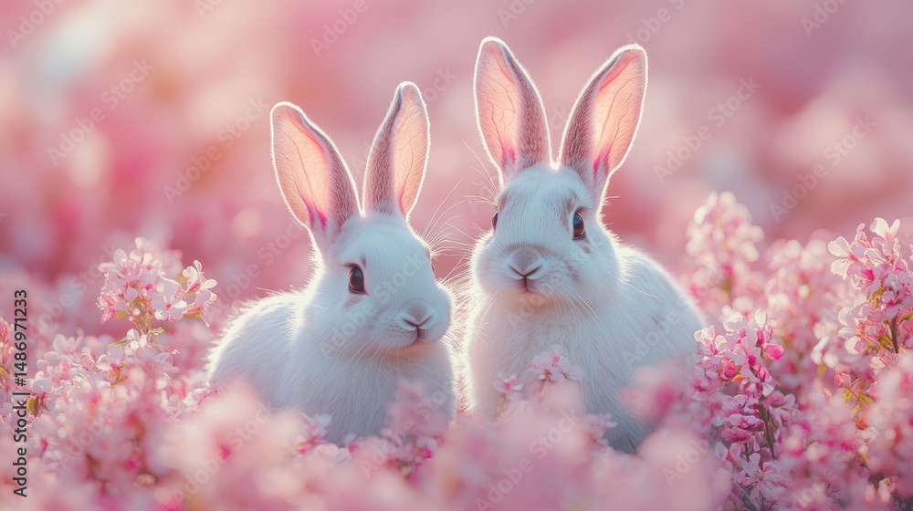 Fototapeta premium Two light blue rabbits among pink flowers