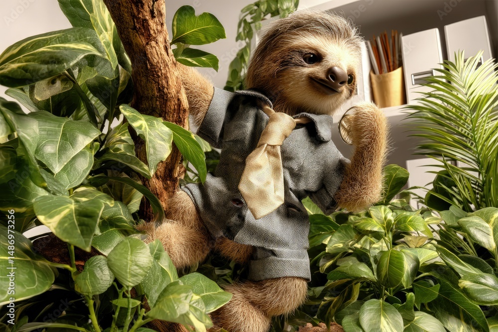 Obraz premium Sloth in Business Attire Among Office Plants