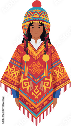 Indigenous woman wearing traditional red and orange Andean poncho and colorful hat vector illustration 